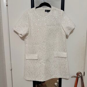 White Sequin Short Sleeve Dress